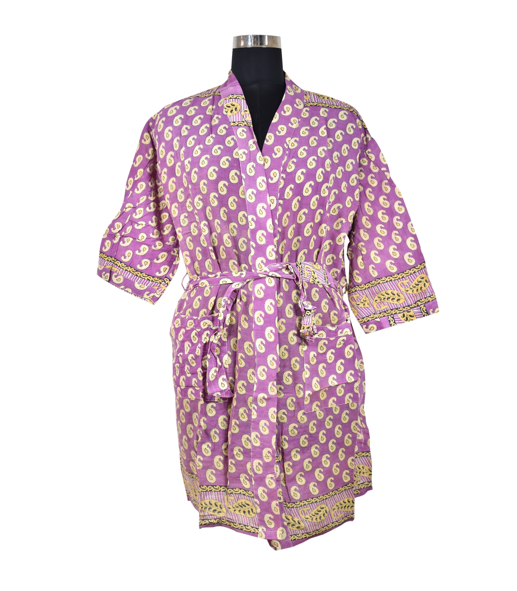 Old Sari Cotton Kimono - Cotton Robe 48 Inch Length Free Size With 60 Inch Belt 3/4th Sleeves Two Front Pockets Printed Pattern