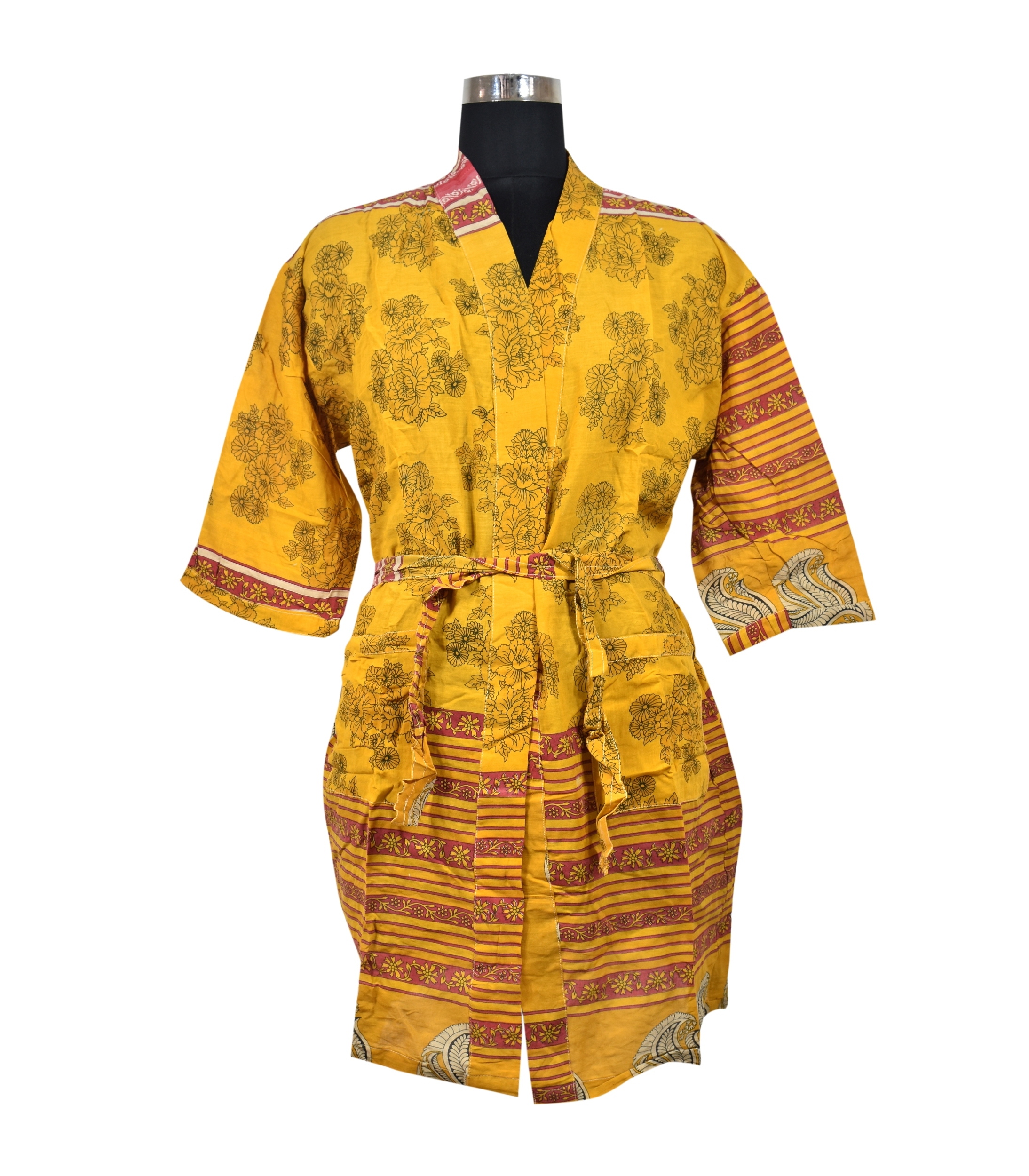 Old Sari Cotton Kimono - Cotton Robe 48 Inch Length Free Size With 60 Inch Belt 3/4th Sleeves Two Front Pockets Printed Pattern