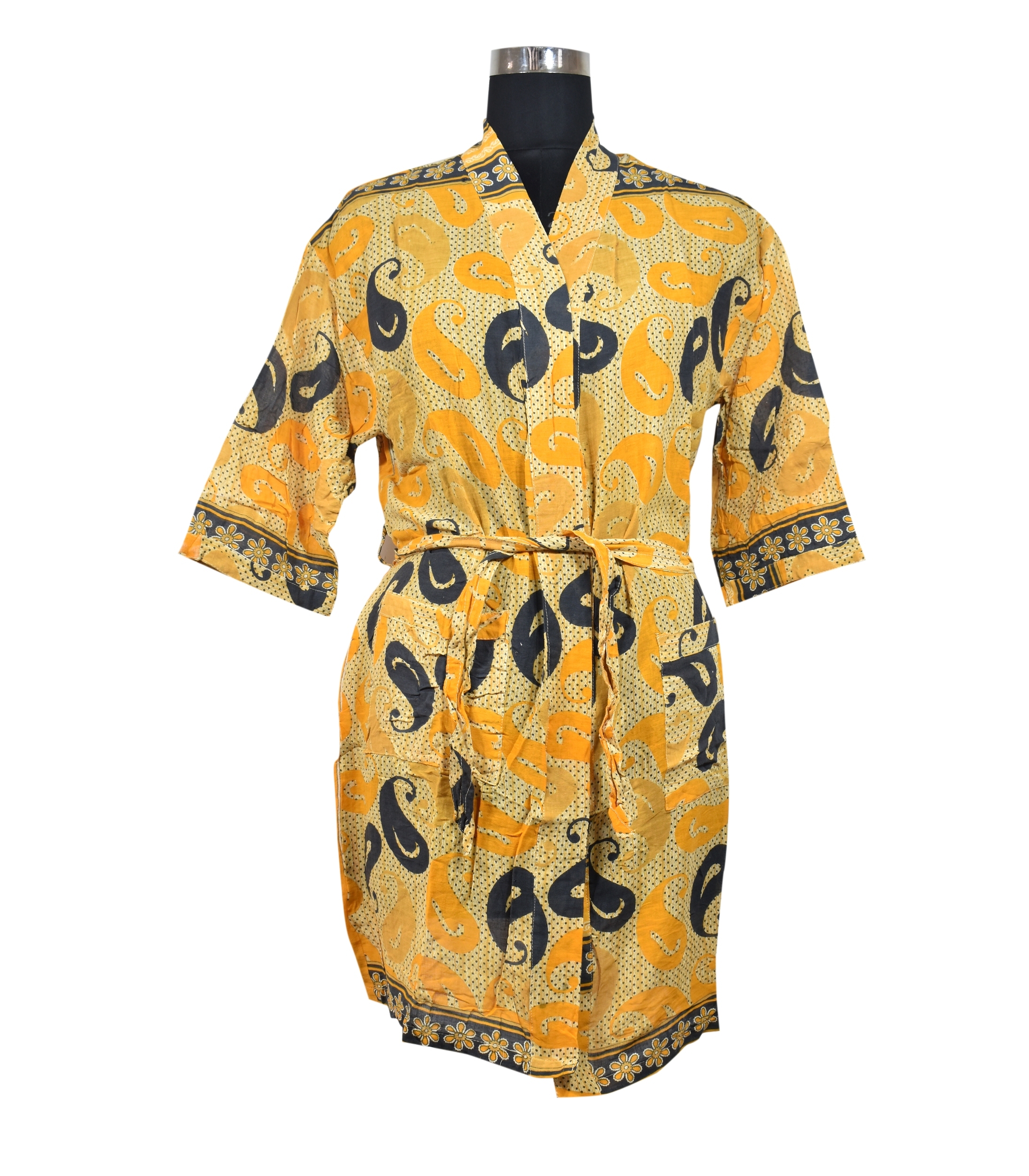 Old Sari Cotton Kimono - Cotton Robe 48 Inch Length Free Size With 60 Inch Belt 3/4th Sleeves Two Front Pockets Printed Pattern
