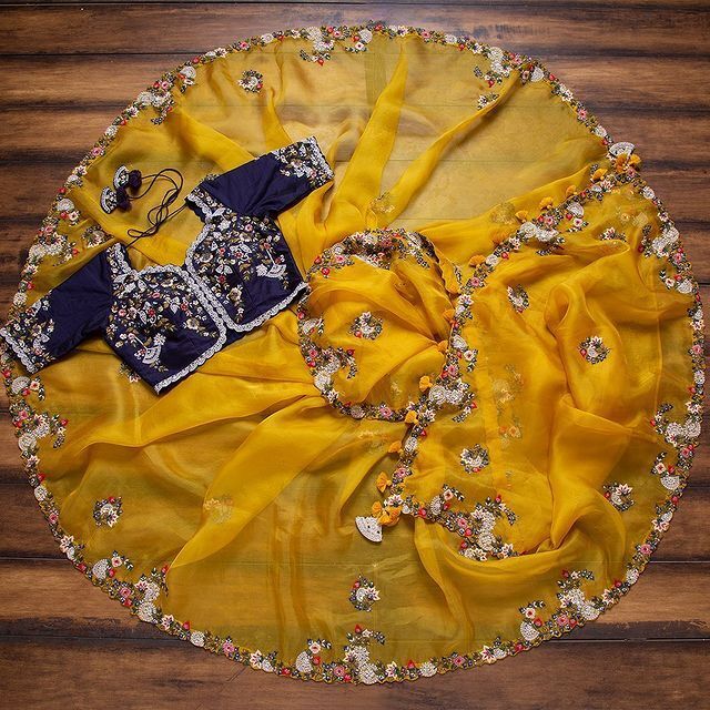 Bollywood Fancy Organza Sarees - Color: Yellow