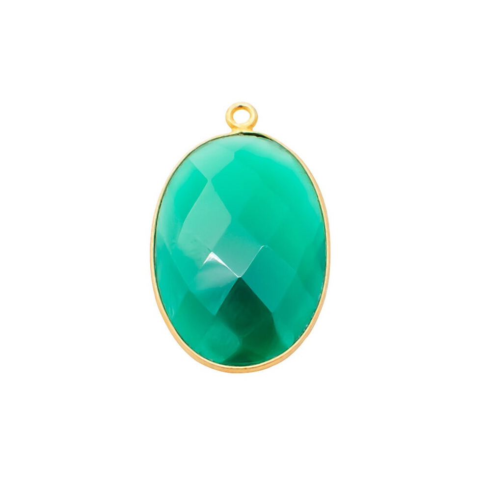 Green Onyx Charm - 14x10mm Oval Shape, Gold Vermeil Bezel Set With Sterling Silver Options