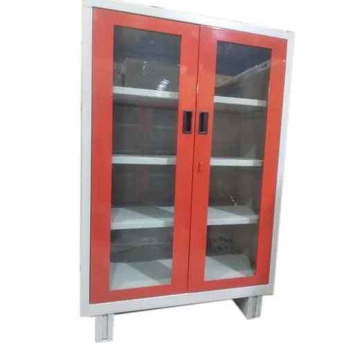 White And Red 3 Shelves Glass Door Almirah