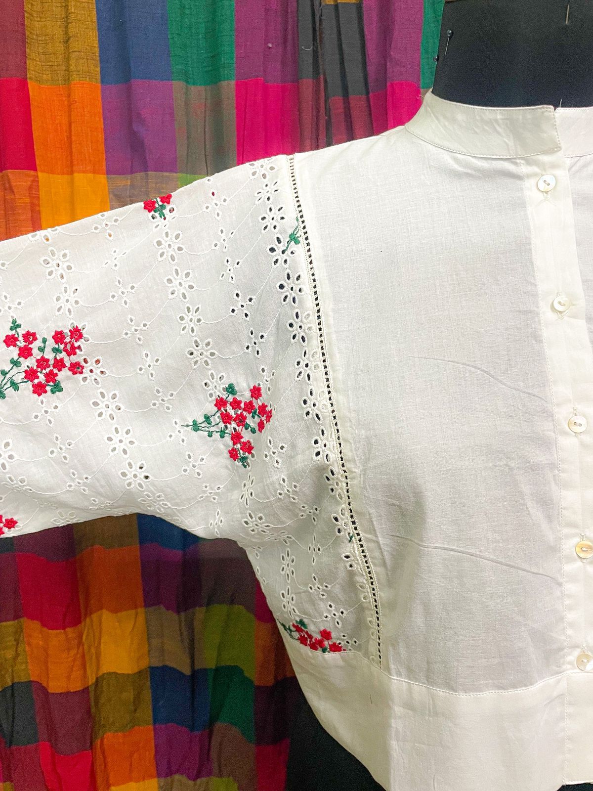 Summer Cotton Red And White Printed Schiffli Top