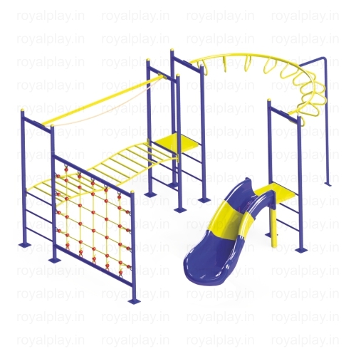 Adventure Play Station - Iron & FRP Material, 12ft x 16ft Size, Capacity for 15-20 Children, Features Rope Climber, Wave Bottom Bridge Climber, C Loop Rung, Wave Slide (3ft High)