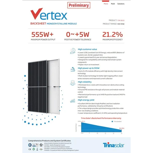 Vertex Tsm De-19 Solar Panel - Monocrystalline Silicon, Customized Size, 21% Efficiency, 27-year Warranty | High Reliability & Easy Installation