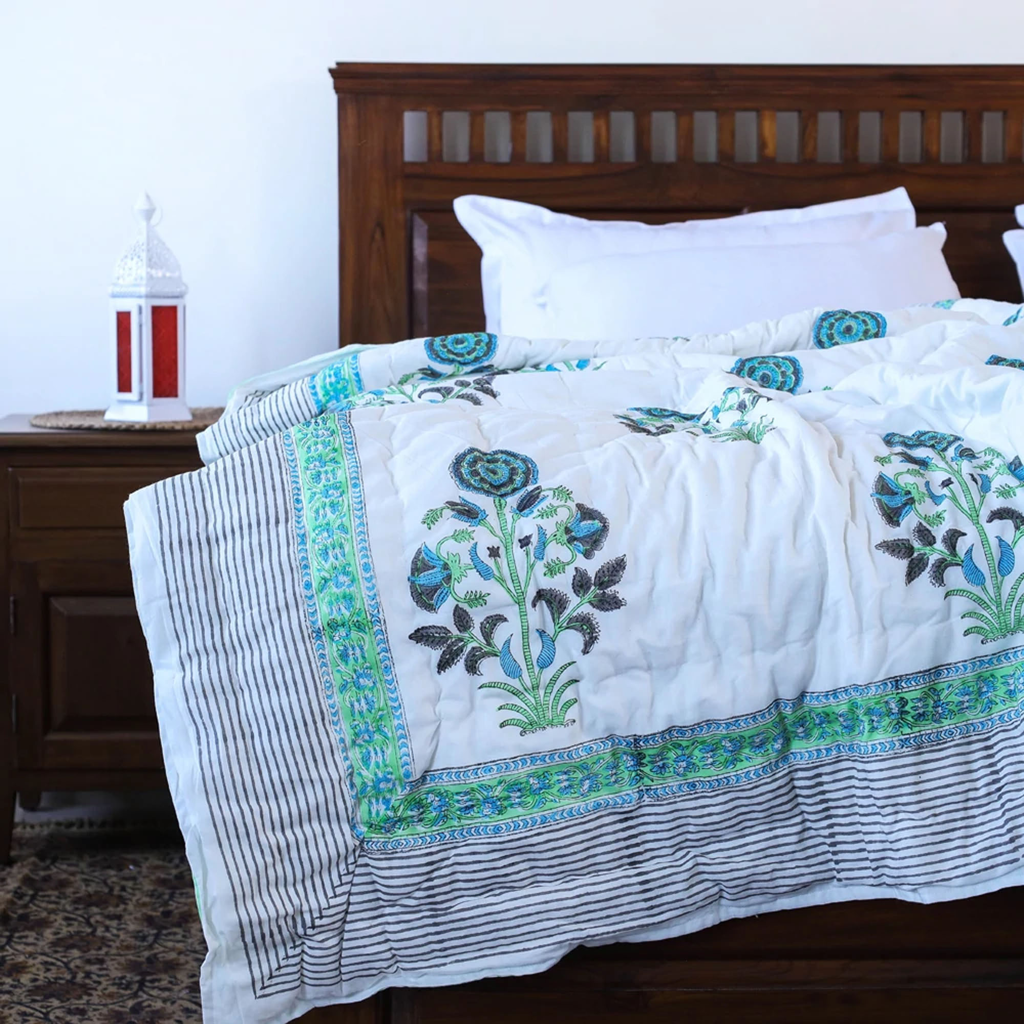 Hand Block Printed White Color Soft Cotton Double Bed Jaipuri Razai