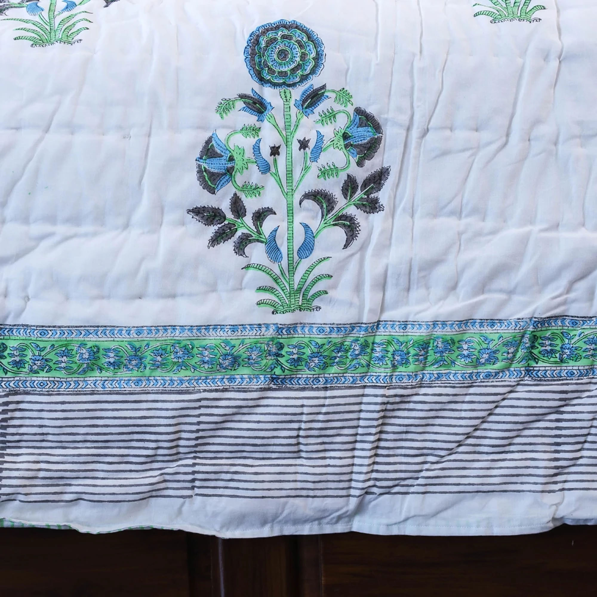 Hand Block Printed White Color Soft Cotton Double Bed Jaipuri Razai