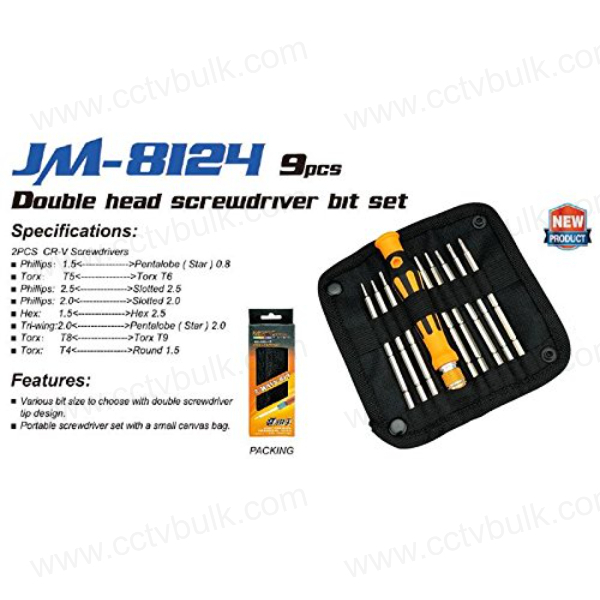 Tool Kit Jakemy 8124 - Steel Material, 12 Pieces, Yellow Color | Double Screwdriver Tip Design, Magnetic Bits, Portable Canvas Bag, Rotary Knob