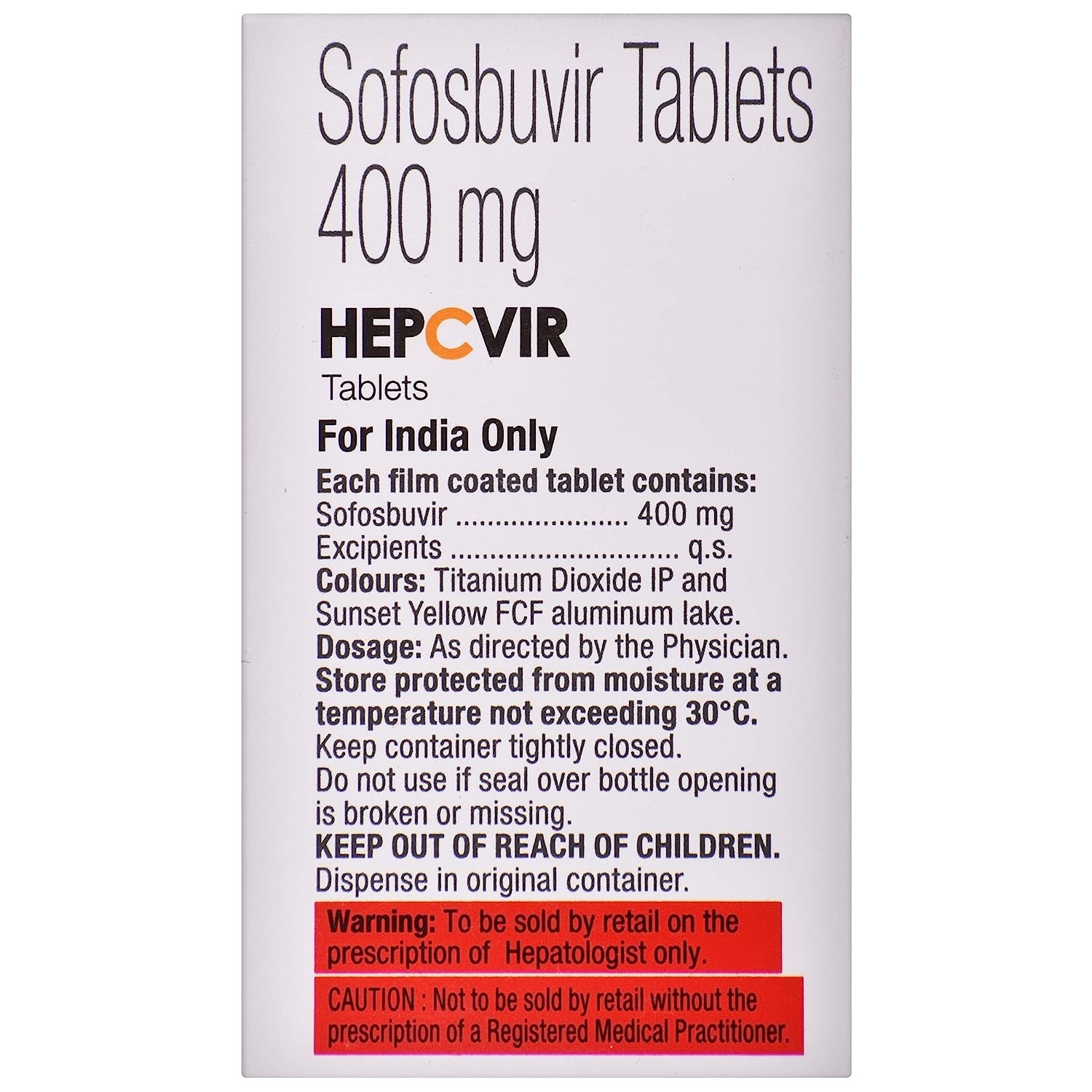 Hepcvir Tablets - 400mg Sofosbuvir | Health Supplements For All Ages, Warning: Keep Away From Children And Pets