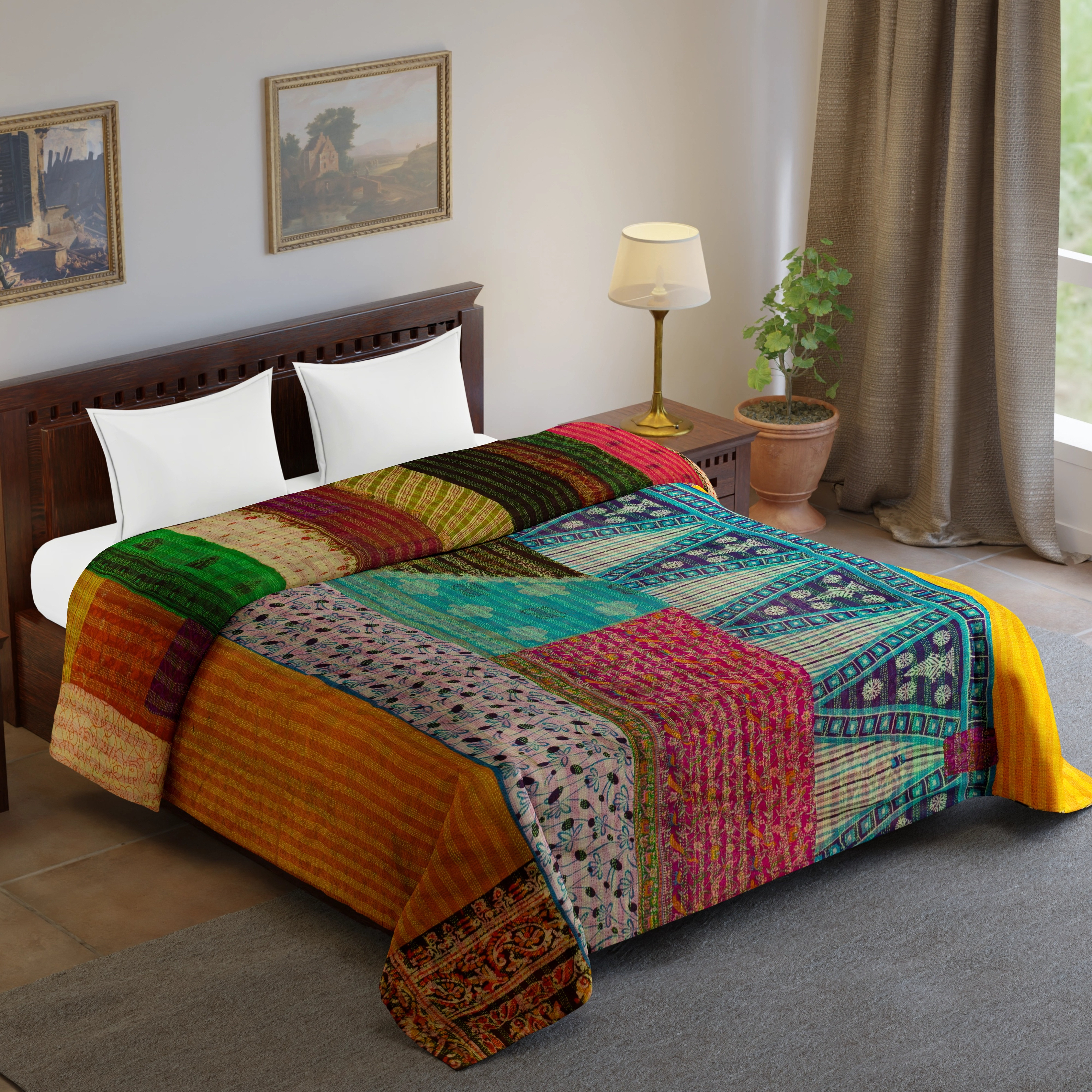 Vintage Silk Kantha Patch Bedsheet - Color: Multi Color