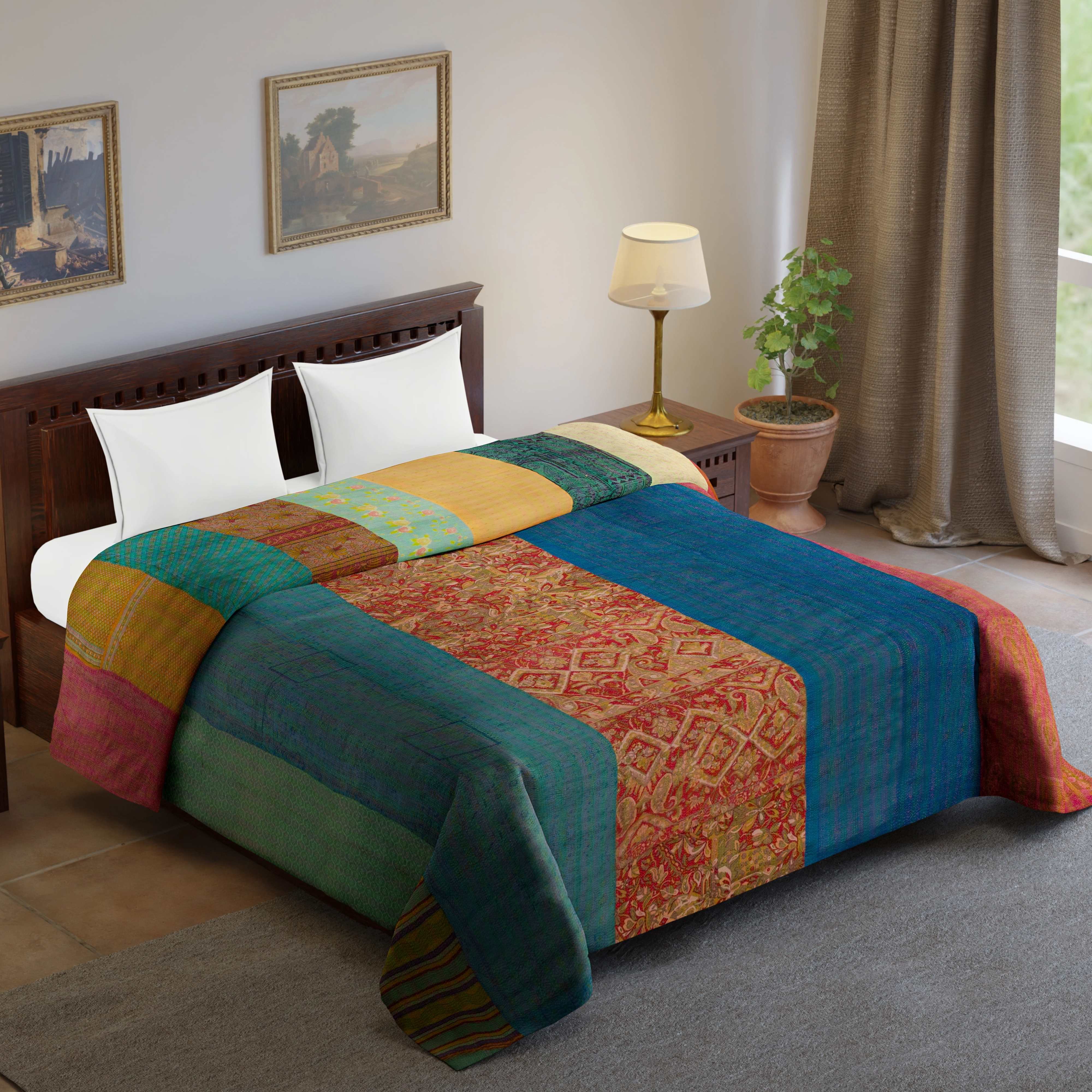 Vintage Silk Kantha Patch Bedsheet - Color: Multi Color
