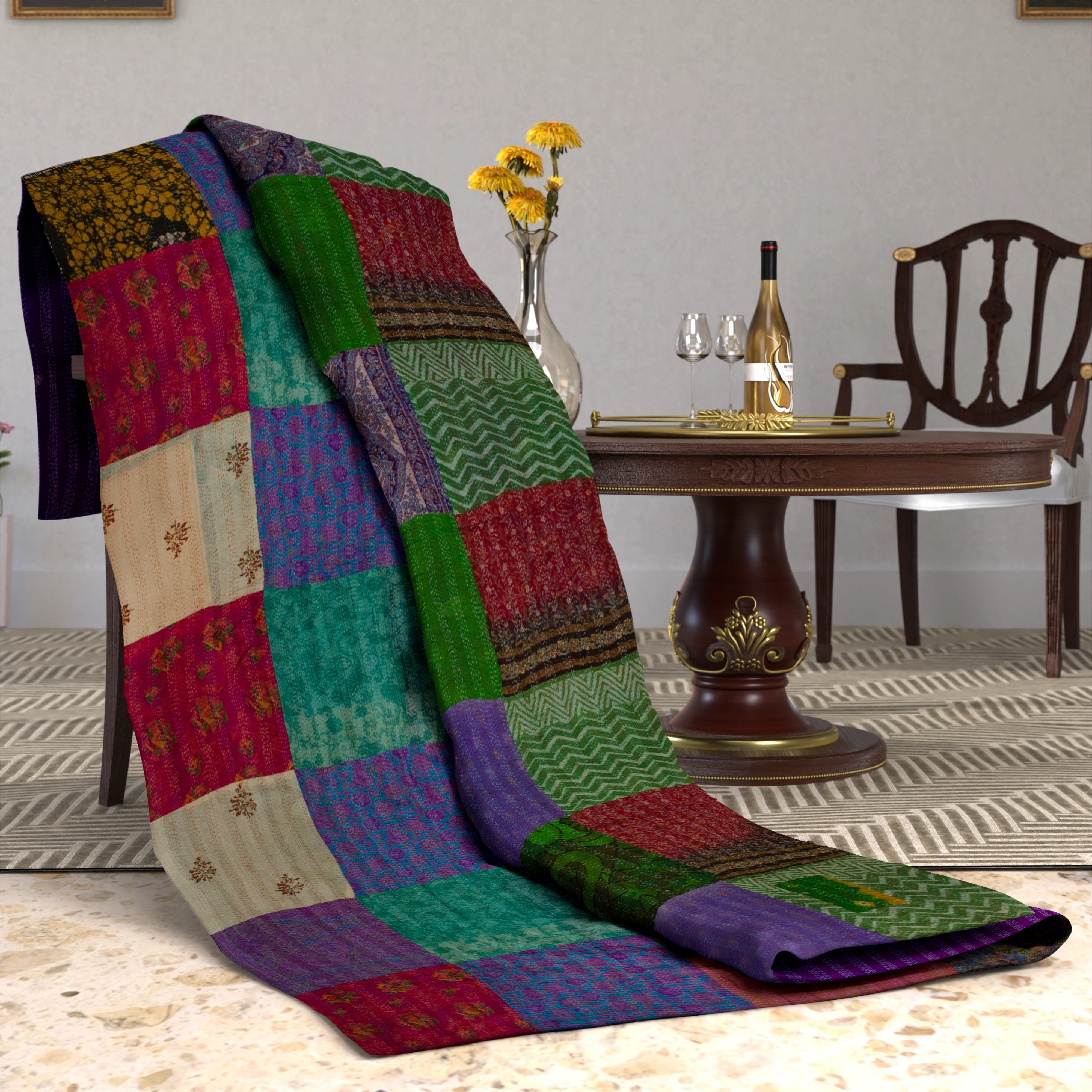 Vintage Silk Kantha Patch Bedsheet - Color: Multi Color