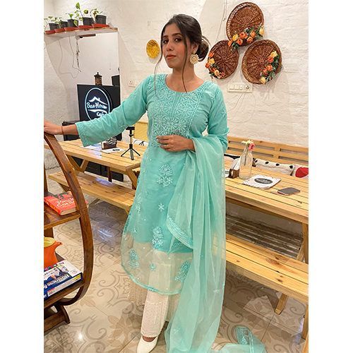 Any Colour Organza Chikan Kurti With Dupatta Set