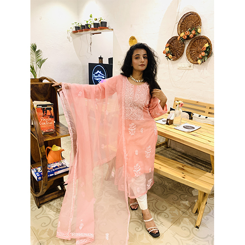 Any Colour Organza Chikankari Kurti With Dupatta(unstitched)