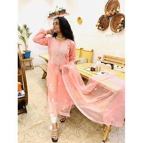 Any Colour Organza Chikankari Kurti With Dupatta(unstitched)