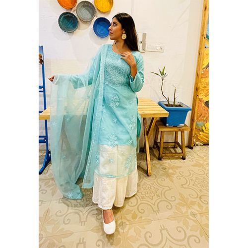 Any Colour Organza Chikan Kurti With Dupatta Set