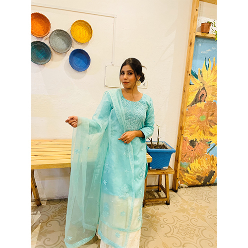 Any Colour Organza Chikan Kurti With Dupatta Set
