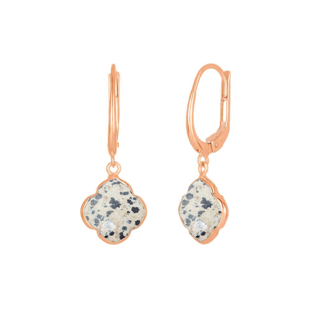 Same As Photo Dalmatian Jasper Gemstone 12mm Clover Shape Gold Vermeil Bezel Set Hoop Earring