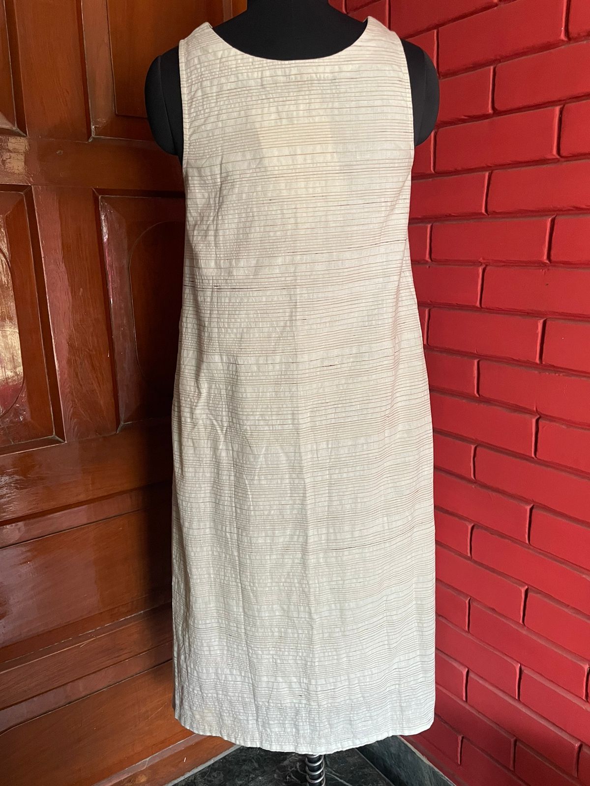 Khadi Long Dress - Off-white 34 Inch Bust Customized Size | Breathable No Fade Modern Sleeveless Design Striped Pattern