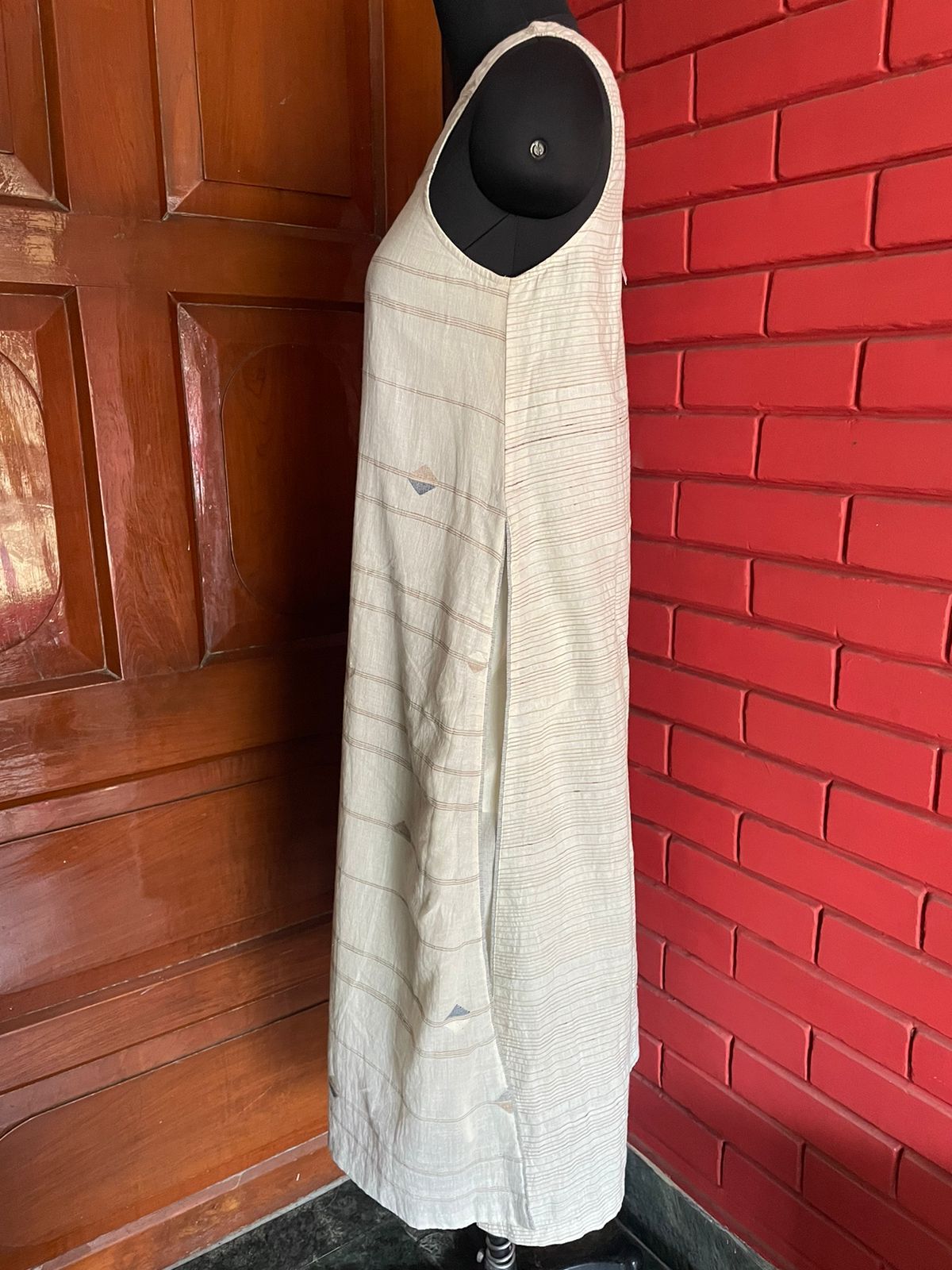 Khadi Long Dress - Off-white 34 Inch Bust Customized Size | Breathable No Fade Modern Sleeveless Design Striped Pattern
