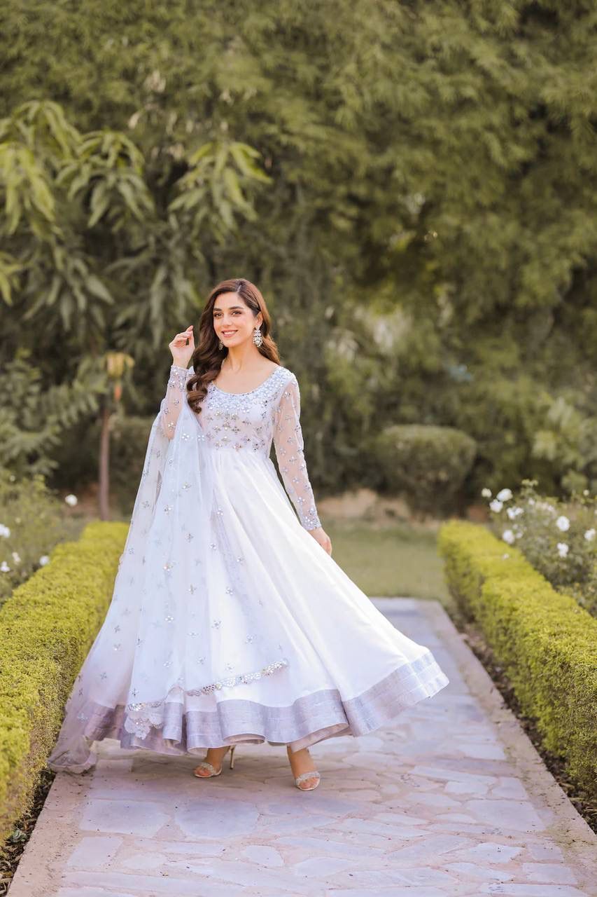 New Designer Georgette With Embroidered Anarkali Gown - Georgette, Floor Length, Off-white | Comfortable Fit, Elegant Design, Flowy Silhouette, Intricate Embroidery, Customizable Size, 3/4 Sleeves