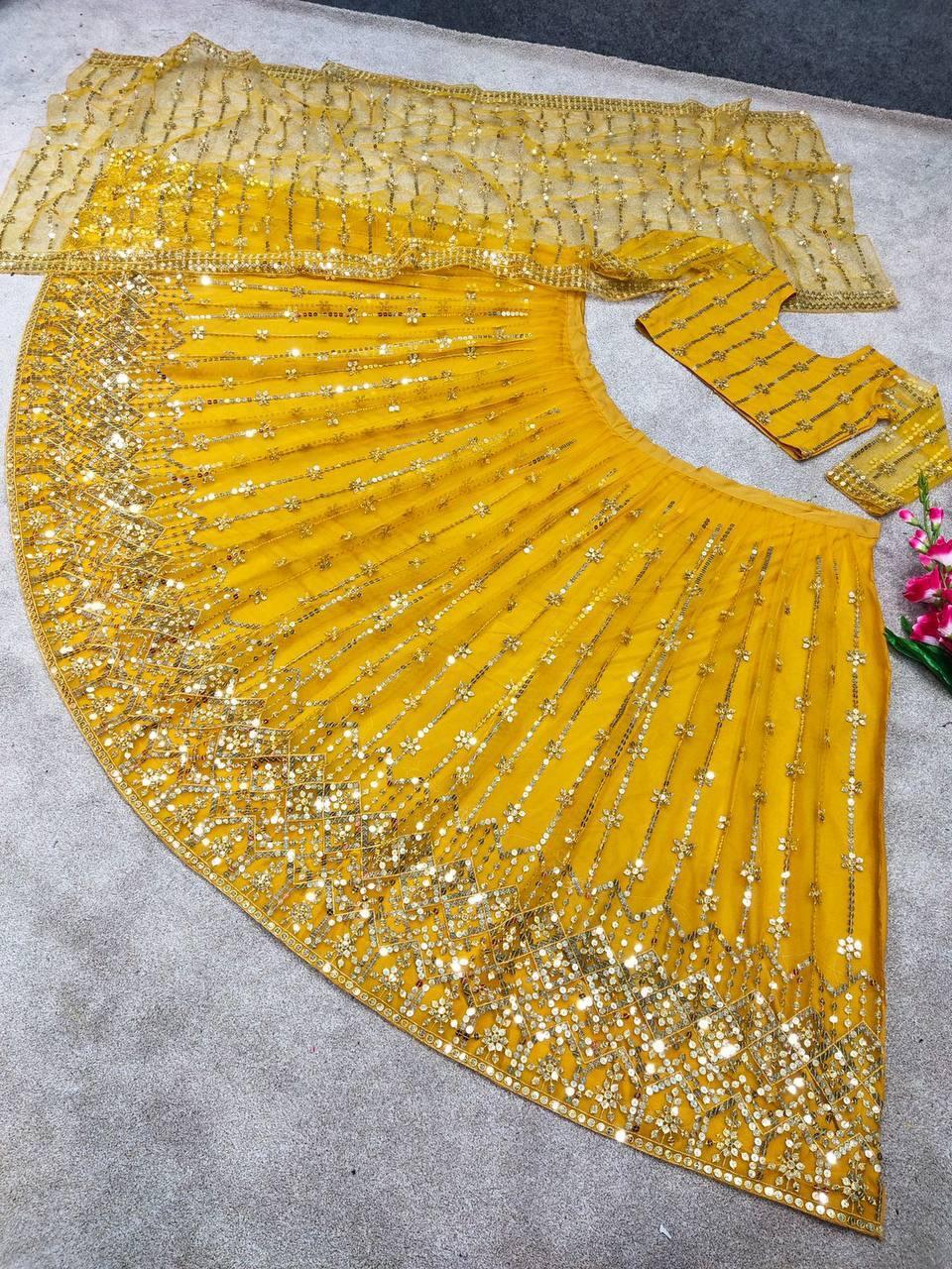 New Wedding Butterfly With Embroidery Lehenga Choli - Net Fabric, 54 Inches Length, Yellow Color, Customizable Size | Hand Embroidery, Intricate Design, Sequin Work, Comfortable Fit, Elegant Look