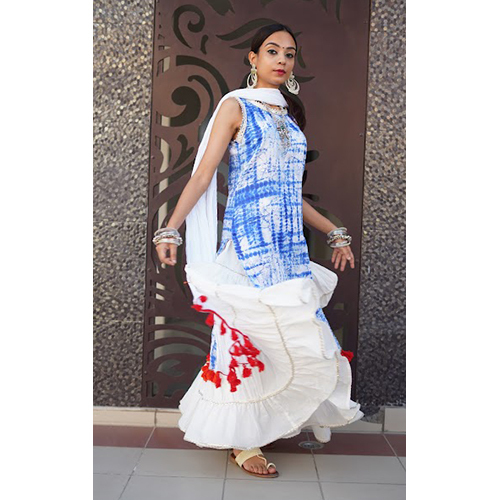 White-blue Tie And Die Kurti Sharara Set