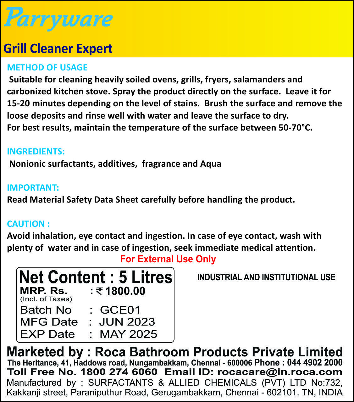 Yellow Parryware Grill Cleaner Expert 5l - Oven And Grill Cleaner Liquid