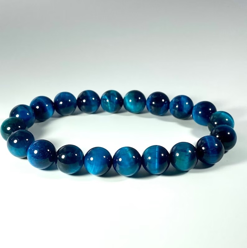 Blue Tiger Eye Adjustable Bracelet - Natural Polished Round Gemstones Blue Black Color Handmade Healing Jewelry Free Size Beaded Charm Bracelet