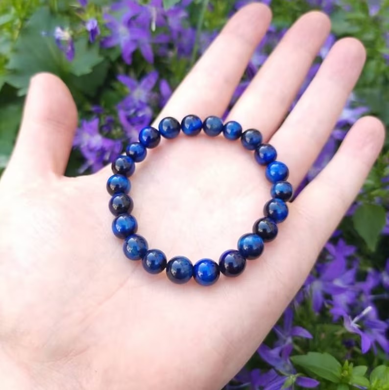 Blue Tiger Eye Adjustable Bracelet - Natural Polished Round Gemstones Blue Black Color Handmade Healing Jewelry Free Size Beaded Charm Bracelet