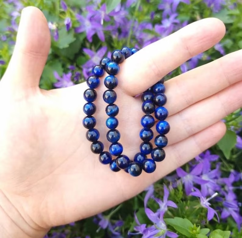 Blue Tiger Eye Adjustable Bracelet - Natural Polished Round Gemstones Blue Black Color Handmade Healing Jewelry Free Size Beaded Charm Bracelet