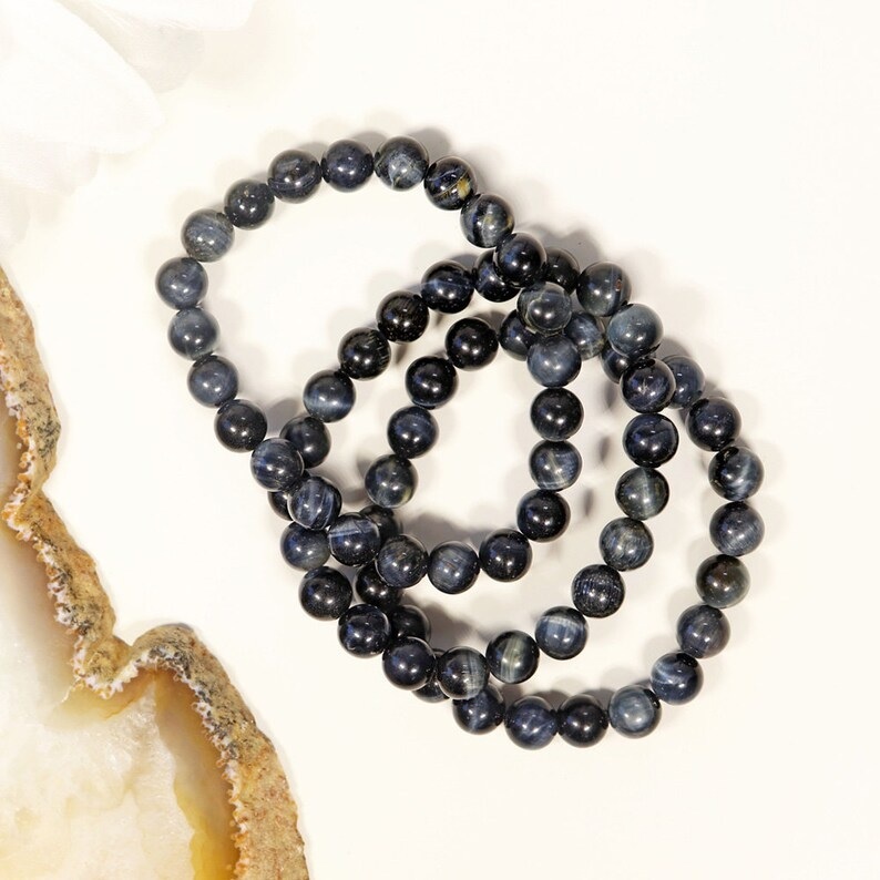 Blue Tiger Eye Adjustable Bracelet - Natural Polished Round Gemstones Blue Black Color Handmade Healing Jewelry Free Size Beaded Charm Bracelet