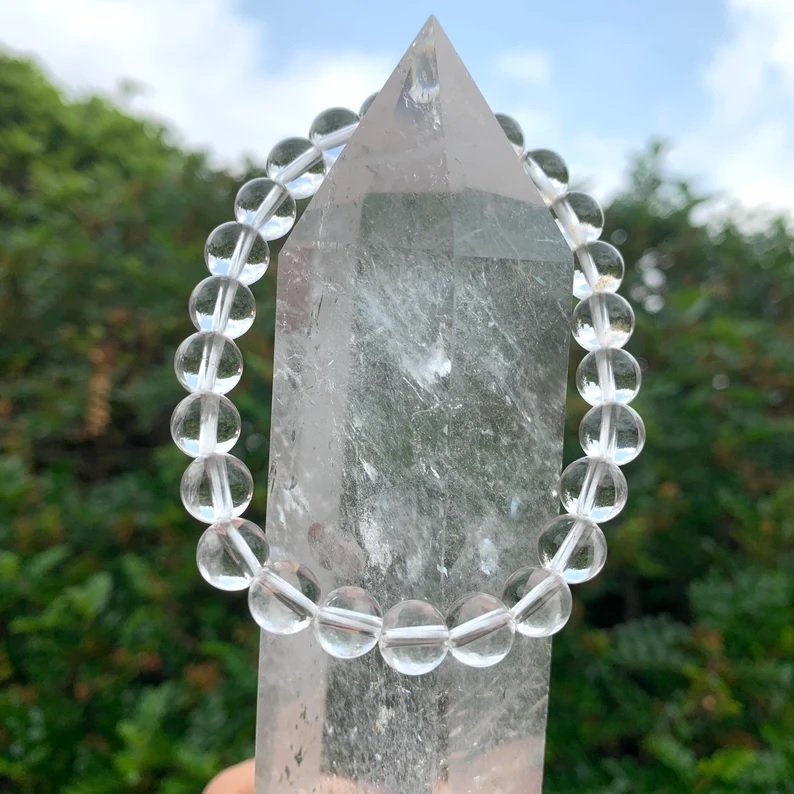 Clear Quartz Adjustable Bracelet - Round Shape, Free Size | Handmade Transparent Gemstone Beaded Jewelry For Healing Chakra