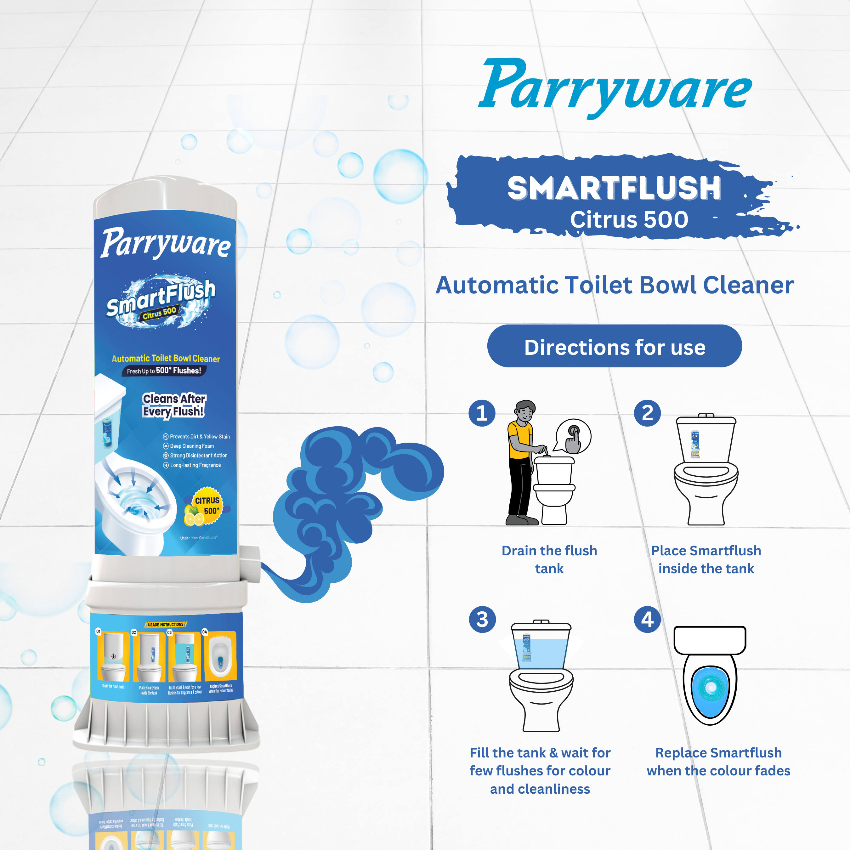 Parryware Smartflush Automatic Toilet Bowl Cleaner - 170g, Blue | Freshens Up To 500 Flushes, Strong Disinfectant Action, Deep Cleaning Foam, Long-lasting Fragrance, Prevents Dirt And Yellow Stains