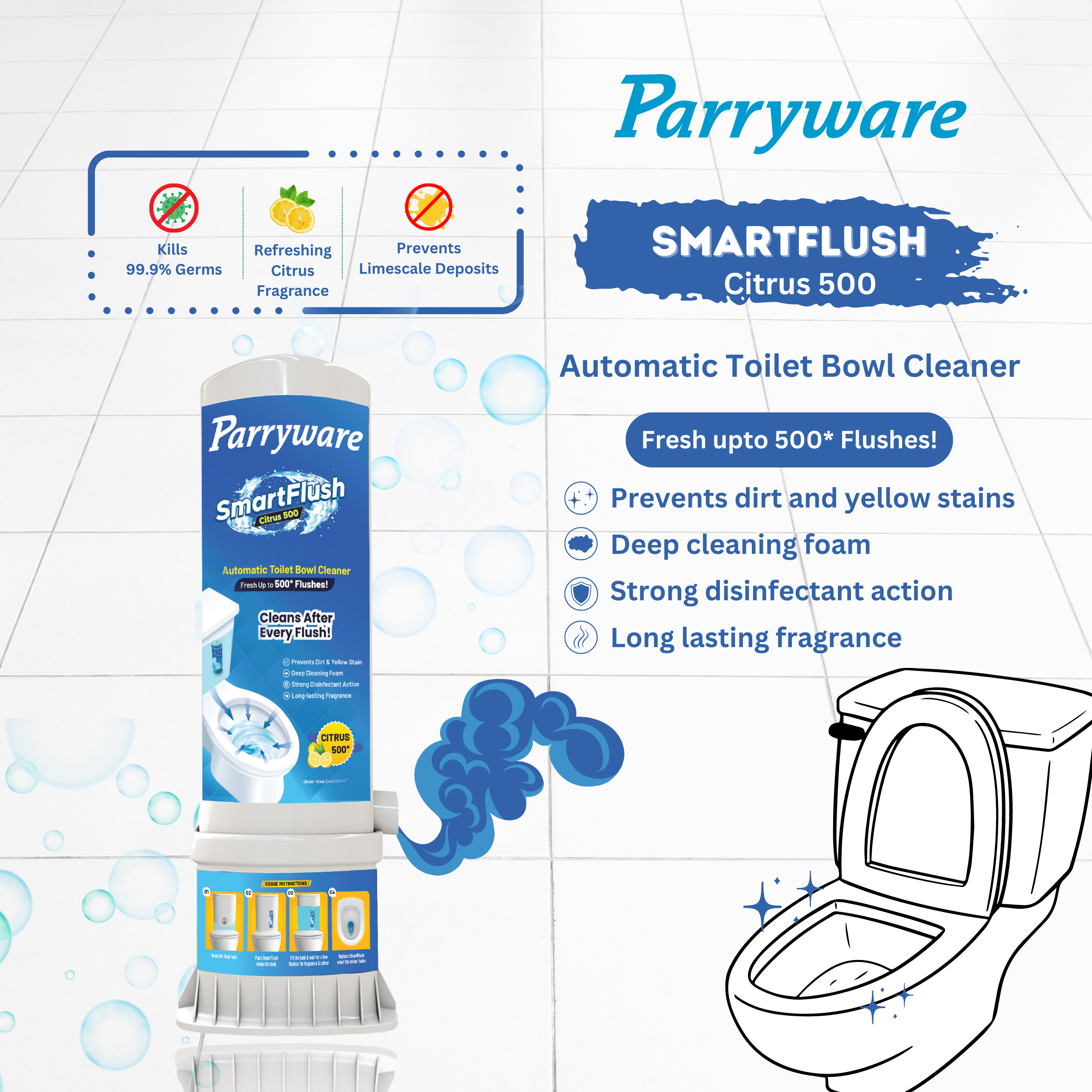 Parryware Smartflush Automatic Toilet Bowl Cleaner - 170g, Blue | Freshens Up To 500 Flushes, Strong Disinfectant Action, Deep Cleaning Foam, Long-lasting Fragrance, Prevents Dirt And Yellow Stains