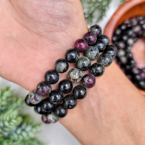Eudialyte Bracelet - Natural Polished Gemstone, Free Size, Purple Green Round Charm Bead, Handmade Crystal Jewelry For Chakra Alignment