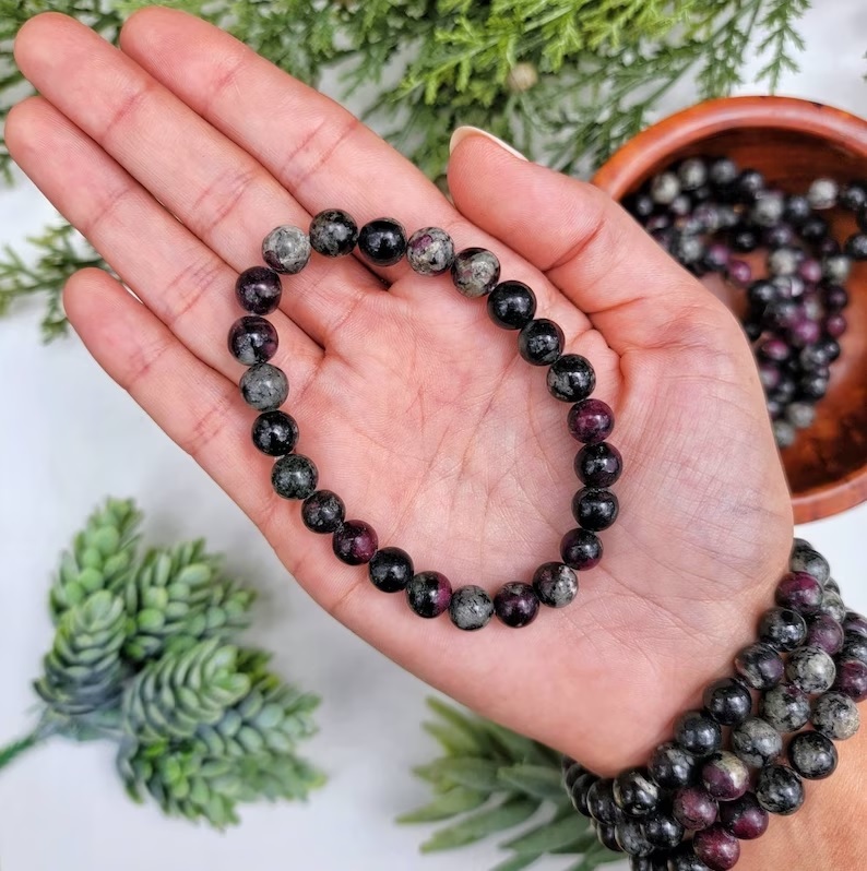 Eudialyte Bracelet - Natural Polished Gemstone, Free Size, Purple Green Round Charm Bead, Handmade Crystal Jewelry For Chakra Alignment