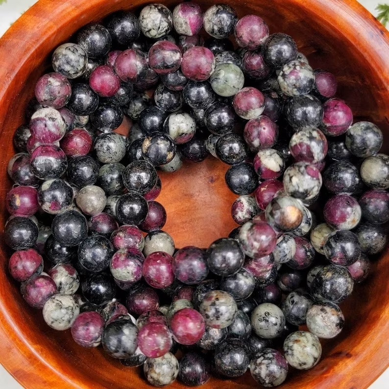 Eudialyte Bracelet - Natural Polished Gemstone, Free Size, Purple Green Round Charm Bead, Handmade Crystal Jewelry For Chakra Alignment