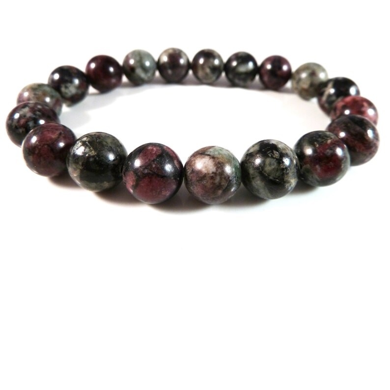 Eudialyte Bracelet - Natural Polished Gemstone, Free Size, Purple Green Round Charm Bead, Handmade Crystal Jewelry For Chakra Alignment