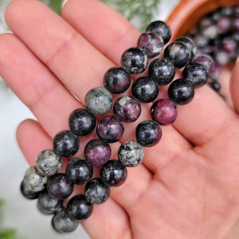 Eudialyte Bracelet - Natural Polished Gemstone, Free Size, Purple Green Round Charm Bead, Handmade Crystal Jewelry For Chakra Alignment