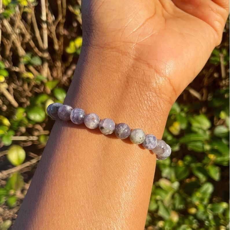 Lolite Adjustable Bracelet - Free Size, Round Shape, Black Gemstone Beaded Charm For Healing Chakra And Fashion Jewelry