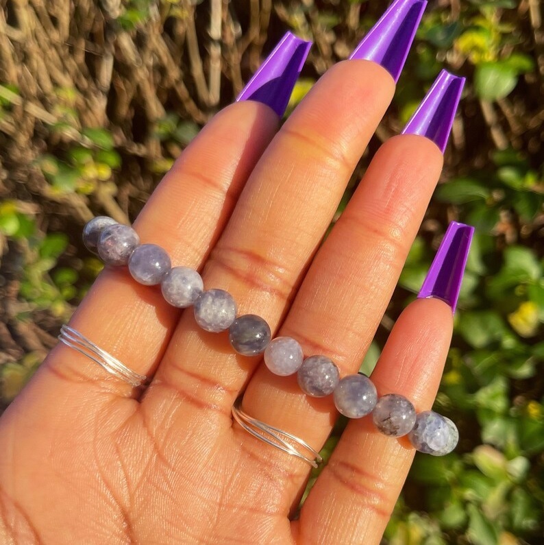 Lolite Adjustable Bracelet - Free Size, Round Shape, Black Gemstone Beaded Charm For Healing Chakra And Fashion Jewelry