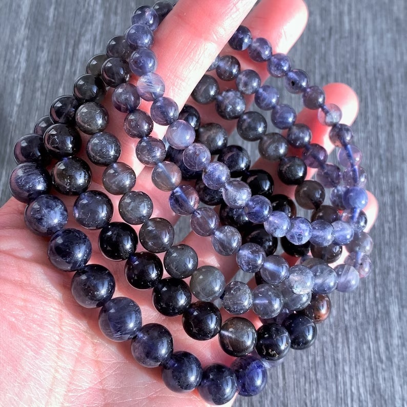 Lolite Adjustable Bracelet - Free Size, Round Shape, Black Gemstone Beaded Charm For Healing Chakra And Fashion Jewelry