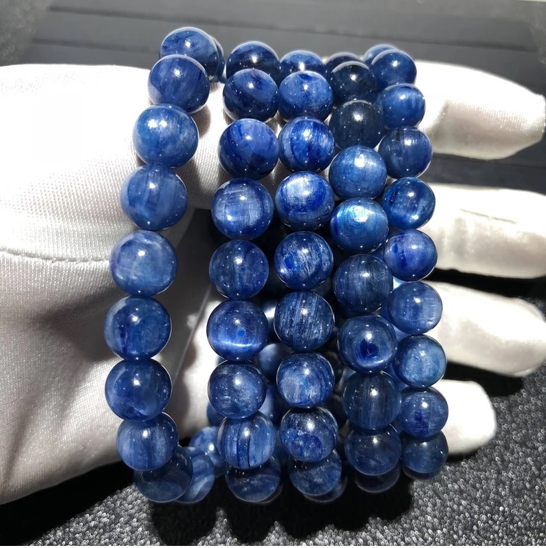 Kyanite Bracelet - Natural Polished Round Blue Gemstone , Adjustable Handmade Charm Jewelry For Chakra Healing And Fashion