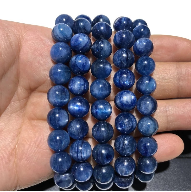 Kyanite Bracelet - Natural Polished Round Blue Gemstone , Adjustable Handmade Charm Jewelry For Chakra Healing And Fashion