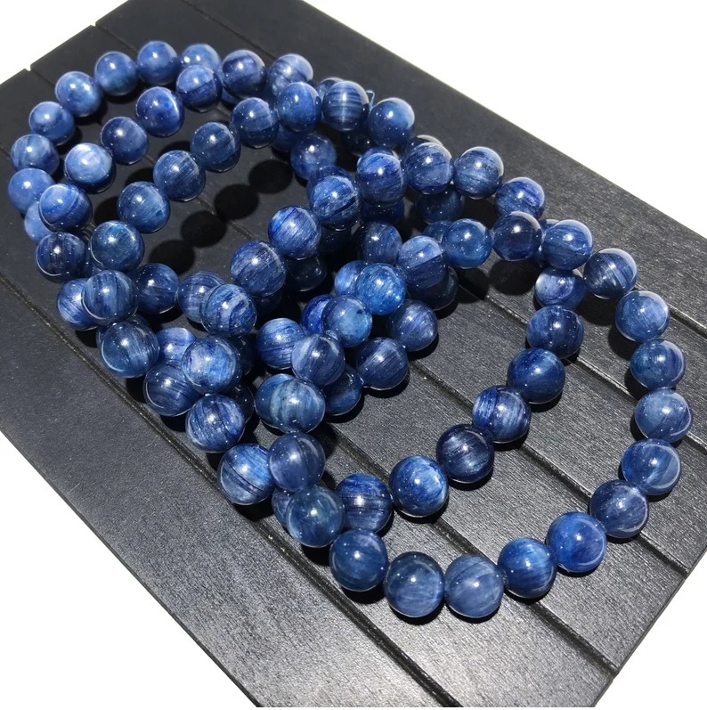 Kyanite Bracelet - Natural Polished Round Blue Gemstone , Adjustable Handmade Charm Jewelry For Chakra Healing And Fashion