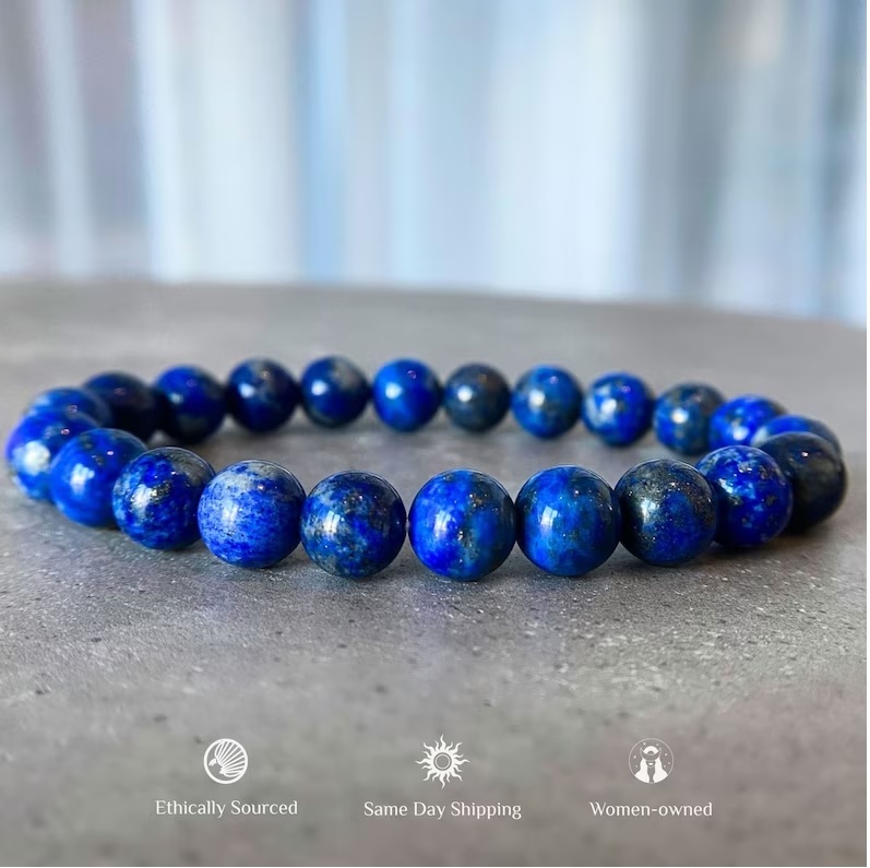 Lapis Lazuli Adjustable Bracelet - Natural Polished Gemstone, Free Size Blue Round Beaded Design | Handmade Healing Charm Jewelry