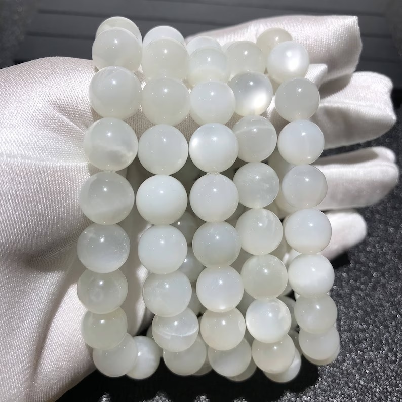 Moonstone Bracelet - Natural Polished White Gemstone, Free Size Adjustable Charm | Handmade Healing Chakra Jewelry With Round Beads