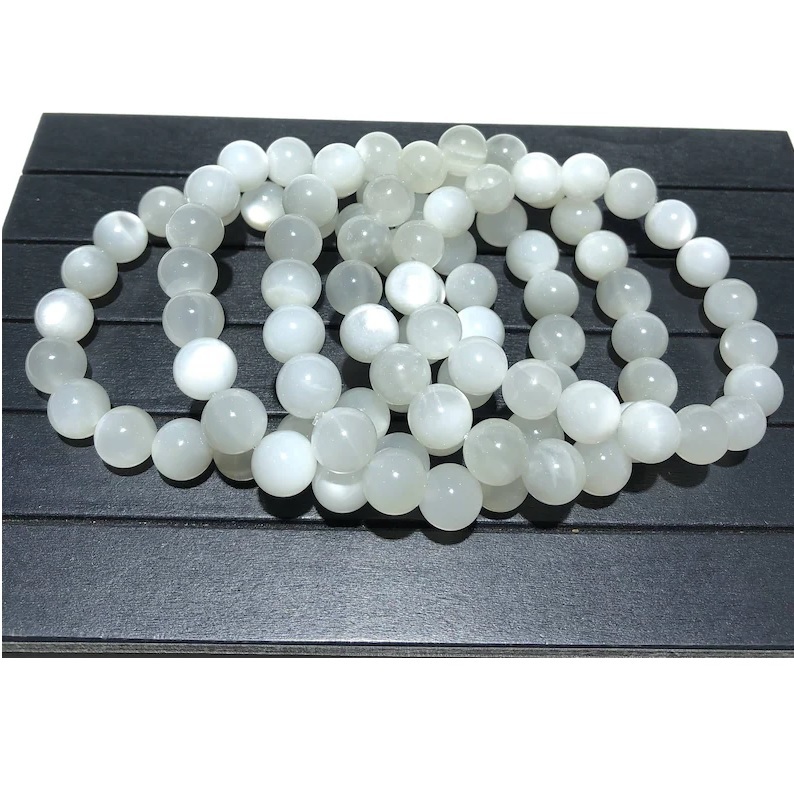Moonstone Bracelet - Natural Polished White Gemstone, Free Size Adjustable Charm | Handmade Healing Chakra Jewelry With Round Beads