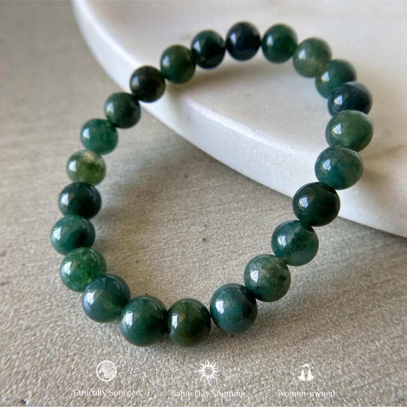 Moss Agate Bracelet - Natural Polished Gemstone, Round Shape, Green Color, Free Size | Adjustable Handmade Jewelry For Fashion And Chakra Healing